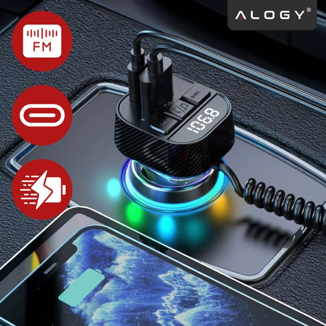 Transmiter FM Bluetooth 5.3 z Ładowarką Samochodową PD 30W QC3.0, Kabel Sprężynowy USB-C, Obsługa Pendrive, Podświetlenie LED 7 Barw – Alogy CarTune™ Czarny