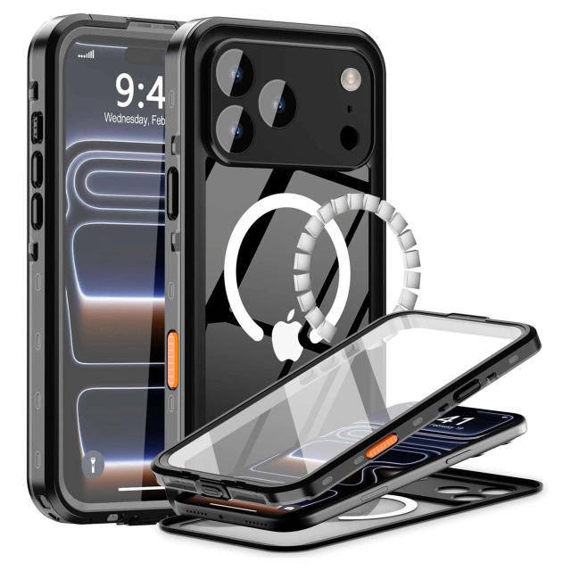Etui Wodoodporne do Apple iPhone 17 Pro 6,3", Pancerna Obudowa 360° z Przezroczystym Tyłem, Kompatybilna z MagSafe, Alogy HydroArmor™ IP68 Case – Czarne