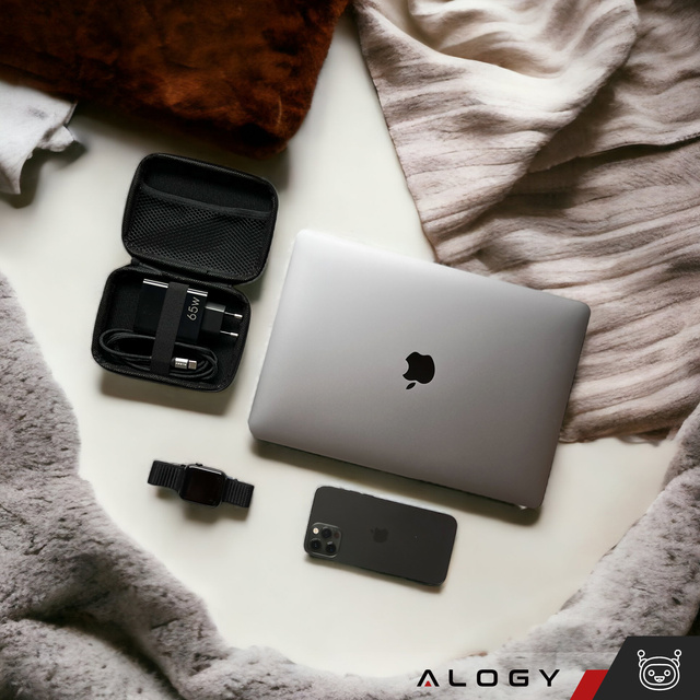 Alogy Ładowarka Kabel Etui Zestaw Quick Charge QC 3.0 USB-A + USB-C PD 65W + kabel 2M Czarny