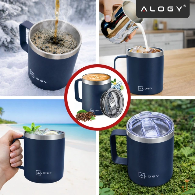 Alogy Kubek termiczny z uchwytem Thermal Mug otwierana pokrywka stalowy zimno i ciepło granatowy