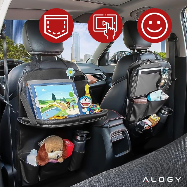 Alogy Organizer samochodowy ochraniacz na przedni fotel siedzenie samochodu auta stolik na tablet zabawki napoje Czarny