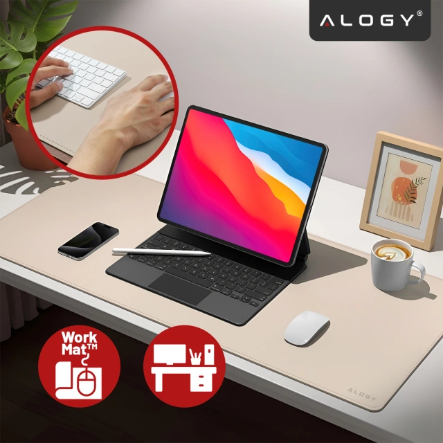 Podkładka na biurko 90×45 cm – antypoślizgowa mata ochronna z eleganckiej ekoskóry PU, pod mysz i klawiaturę, stylowa i trwała – Alogy WorkMat™ Beżowa
