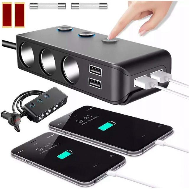  Alogy Adapter Rozdzielacz gniazda zapalniczki przełącznik 120W 3x Gniazdo zapalniczki + 4x USB QC Czarny