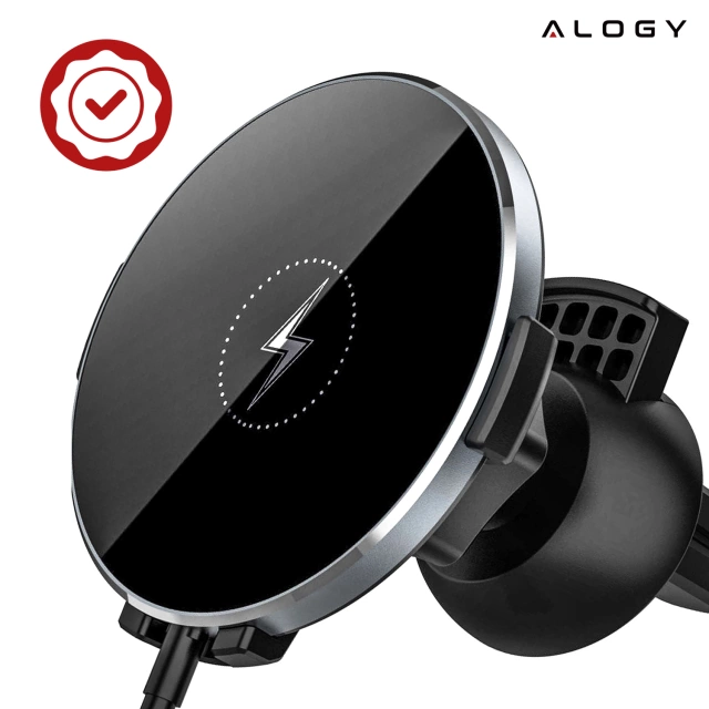 Alogy Uchwyt do samochodu 2w1 z ładowarką Qi Airvent MagSafe Charger do MagSafe 15W do kratki samochodowy Czarny