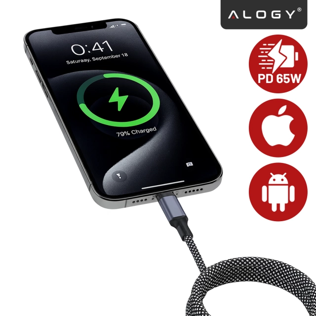 Kabel Zasilający USB-C do USB-C 65W 1m, Szybkie Ładowanie PD, Magnetyczny, Trwały i Elastyczny Przewód Kompatybilny z iPhone, MacBook i Android, Alogy MagiCharge™ – Czarny