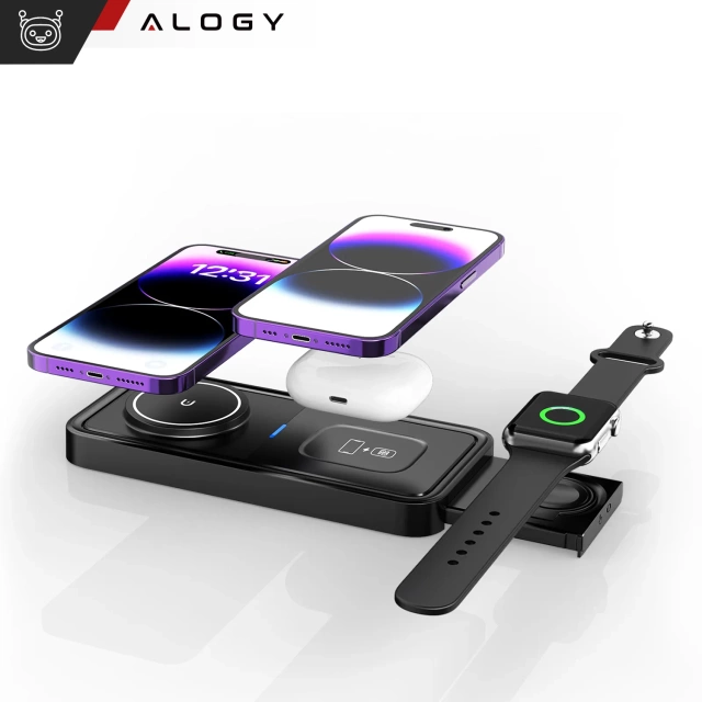 Ładowarka Indukcyjna Alogy Bezprzewodowa Qi PD QC 3.0 2w1 Szybka do Apple iPhone Airpods Watch Stacja ładująca stojak czarna 