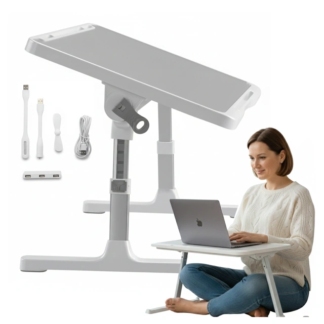 Stolik składany regulowany 60×35 cm – biurko na laptopa z szufladą i portem USB, składane nogi, stabilna konstrukcja do pracy i nauki – Alogy FoldDesk™