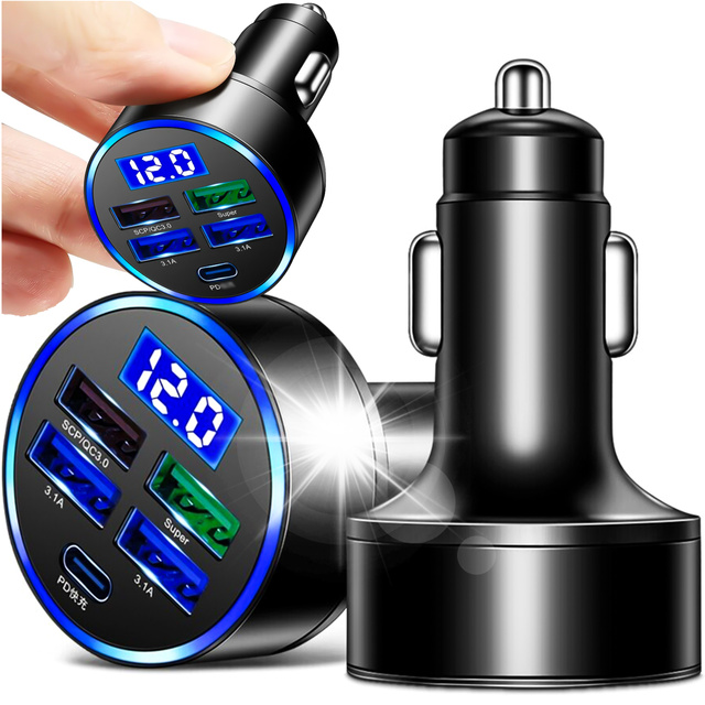 Alogy Car Ładowarka samochodowa 4x USB QC 3.0 + USB C PD 20W LED szybka mocna 250W czarna