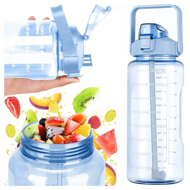 Butelka Duża na Napoje 2L z Miarką i Motywacyjnym Oznaczeniem, Wygodna do Picia z Uchwytem i Pokrywką, Wielokrotnego Użytku, Alogy MotivHydro™ – Niebieska