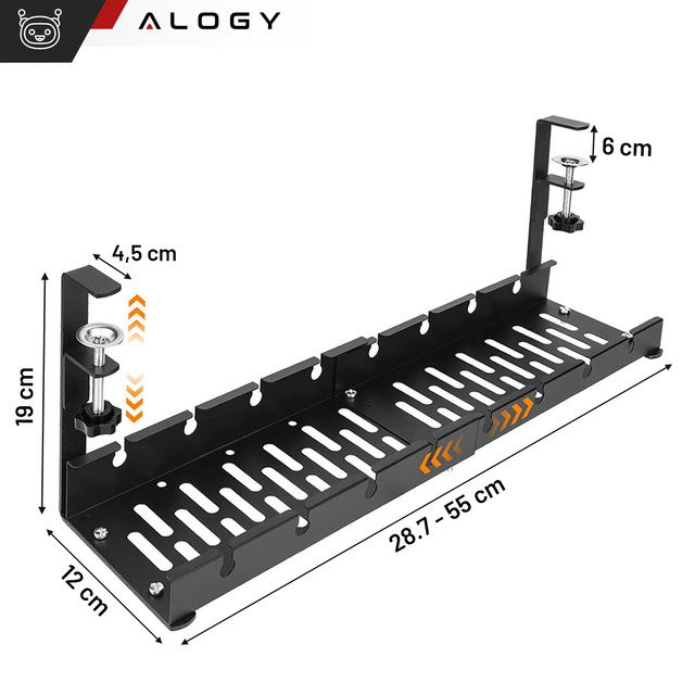 Alogy Organizer kabli pod blat półka regulowana na kable listwe biurkowy aluminiowy uchwyt Czarny 