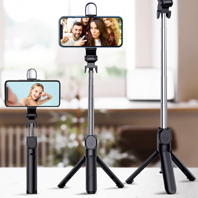 Alogy Uchwyt Bezprzewodowy Selfie Stick Bluetooth składany Tripod Mini statyw do telefonu z lampką LED