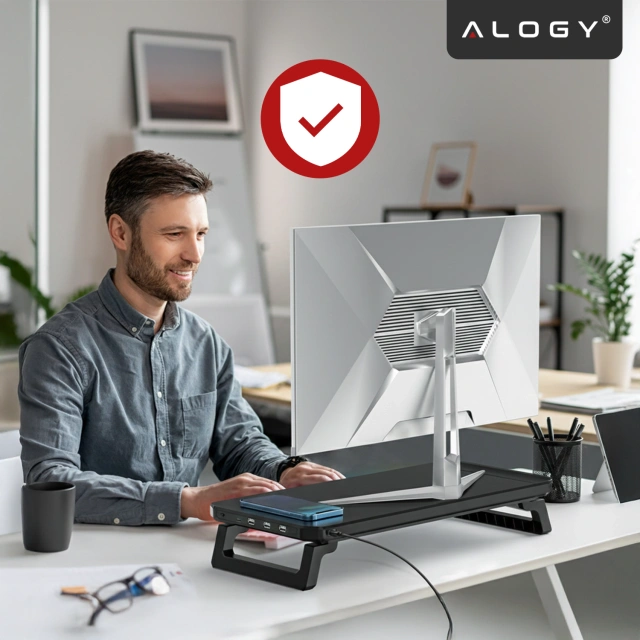 Podstawka pod monitor z lampką listwą świetlną RGB z wejściami HUB USB (3× USB-A, 1× USB-C) – biurkowa do Home Office, Gaming, poprawa ergonomii – Alogy MonitorStand™ Czarna