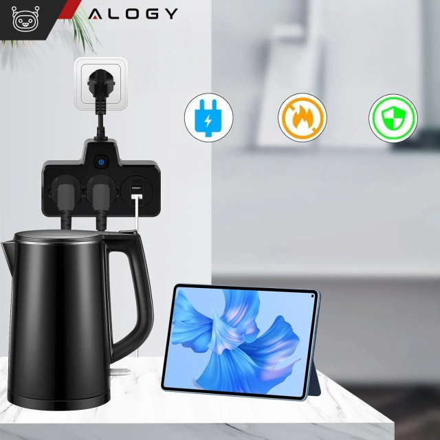 Rozgałęźnik gniazdka Alogy Plug Extender rozdzielacz adapter przedłużacz 2x wtyczka EU + 2x USB + 2x USB-C Czarny