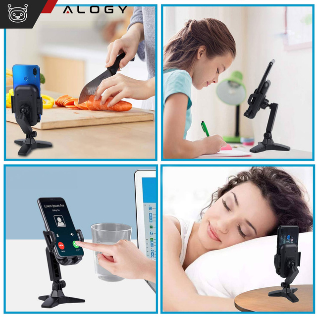 Alogy Uchwyt na telefon stojak podstawka na biurko regulowany 360 Tripod biurkowy statyw 4-7" Czarny