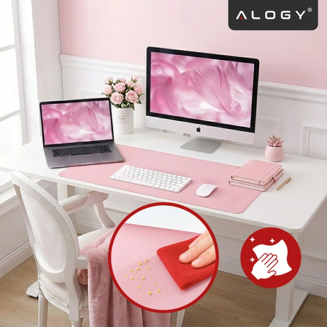 Podkładka na biurko 90×45 cm – antypoślizgowa mata ochronna z eleganckiej ekoskóry PU, pod mysz i klawiaturę, stylowa i trwała – Alogy WorkMat™ Różowa