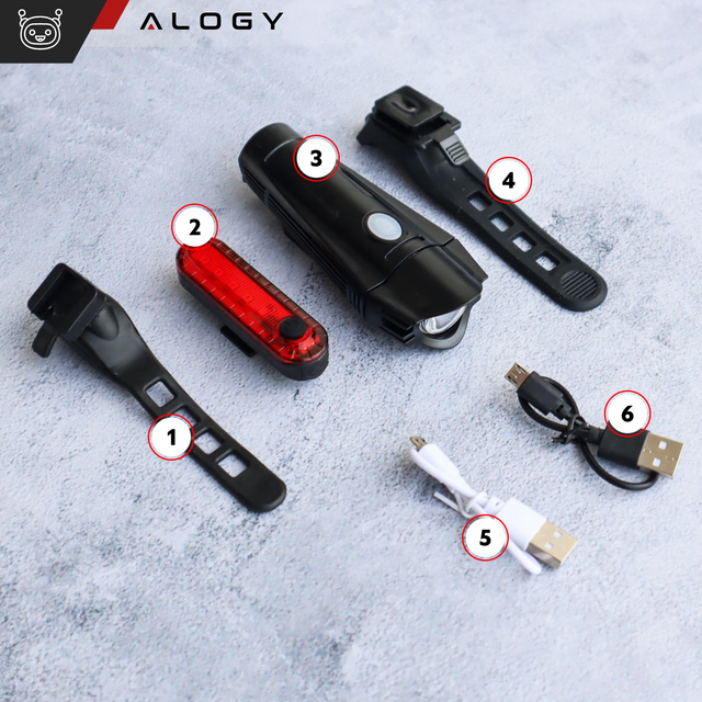 Alogy Lampka rowerowa 2w1 przód + tył wodoodporna IPX4 LED przednia tylna USB światło oświetlenie rowerowe zestaw lampek