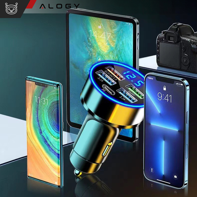 Alogy Car Ładowarka samochodowa 4x USB QC 3.0 + USB C PD 20W LED szybka mocna 250W czarna