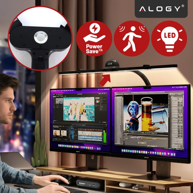 Lampa Biurkowa LED do Monitora ze Składaną Konstrukcją, Regulowaną Jasnością i Pełnym Spektrum Światła, z Mocowaniem do Blatu, Ochrona Oczu, Alogy VisionBar™ – Czarna