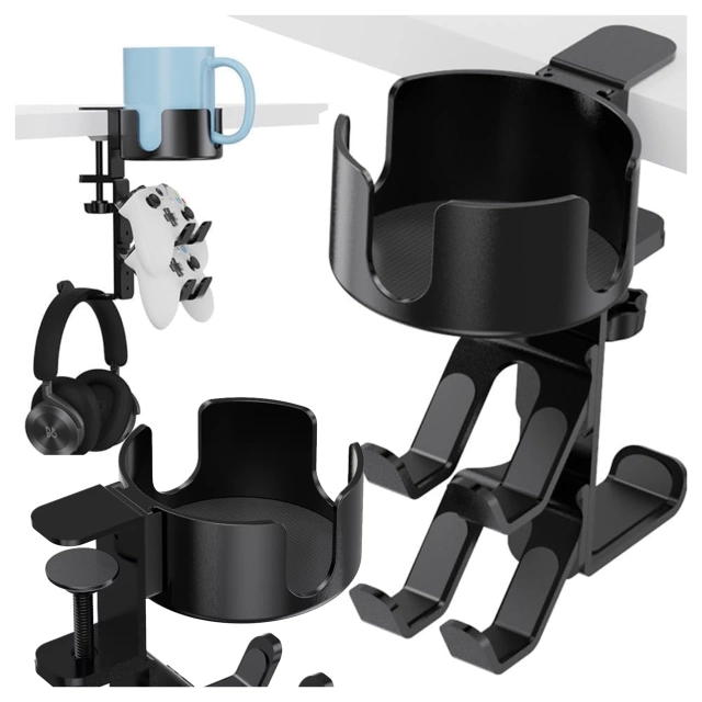 Uchwyt do biurka wielofunkcyjny – na kubek, pady i słuchawki, mocowanie do blatu, antypoślizgowy i stabilny – Alogy DeskClamp™ Czarny