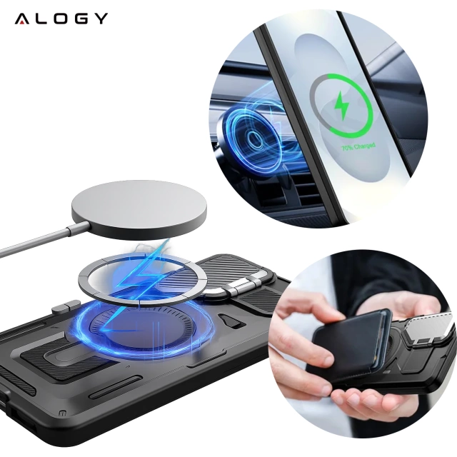 Etui do Samsung Galaxy S25 Plus Case do MagSafe Wzmocniona Pancerna ochrona obiektywów z funkcją podstawki obudowa ochronna na telefon Alogy HeavyDuty Mag™️Czarne
