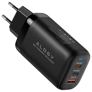 Ładowarka Sieciowa 3w1 z Technologią GaN3 65W, Szybkie Ładowanie PD i QC, Porty 2x USB-C 65W + USB-A 30W, Kompaktowa i Wydajna, Alogy GaNCharge Compact™ – Czarna