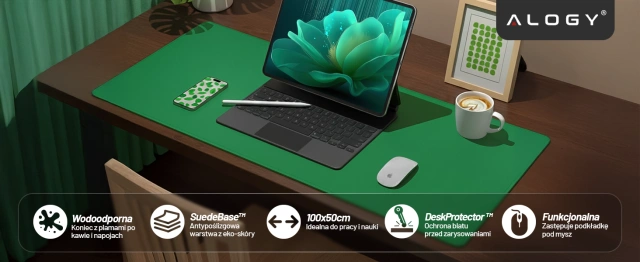 Podkładka na biurko 100×50 cm – antypoślizgowa mata ochronna z eleganckiej ekoskóry PU, pod mysz i klawiaturę, stylowa i trwała – Alogy WorkMat™ Zielona