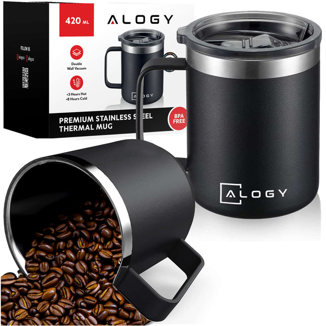 Alogy Kubek termiczny z uchwytem Thermal Mug otwierana pokrywka stalowy zimno i ciepło Czarny