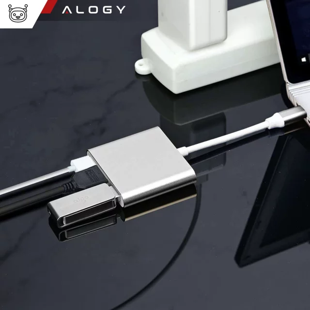 Alogy Adapter HUB 3w1 rozdzielacz USB-C 3.0 HDMI USB-A Srebrny