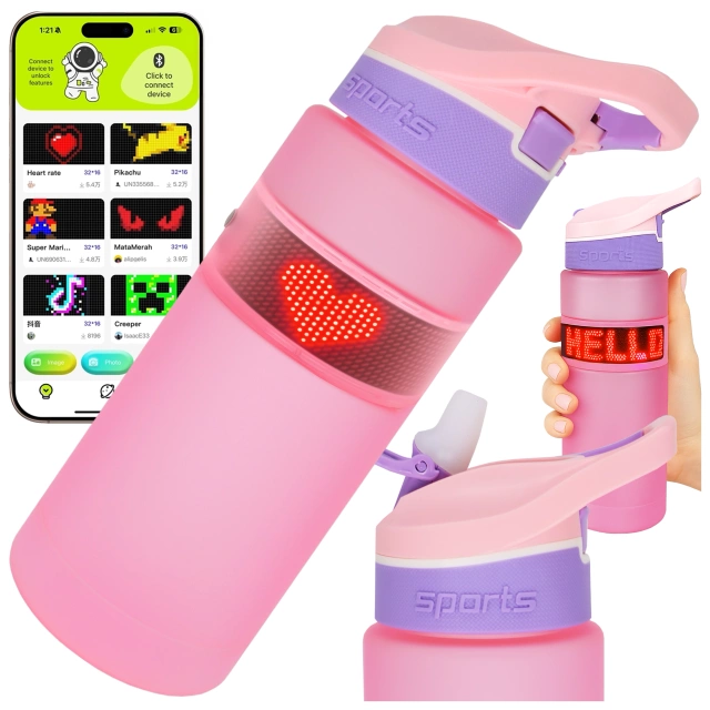 Butelka Bidon na Napoje LED, Inteligentna z Wyświetlaczem i Łącznością Bluetooth, Słomka, Motywacyjna, Wielokrotnego Użytku, Alogy FitBottle™ - Różowa