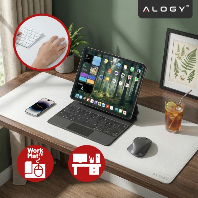 Podkładka na biurko 100×50 cm – antypoślizgowa mata ochronna z eleganckiej ekoskóry PU, pod mysz i klawiaturę, stylowa i trwała – Alogy WorkMat™ Biała
