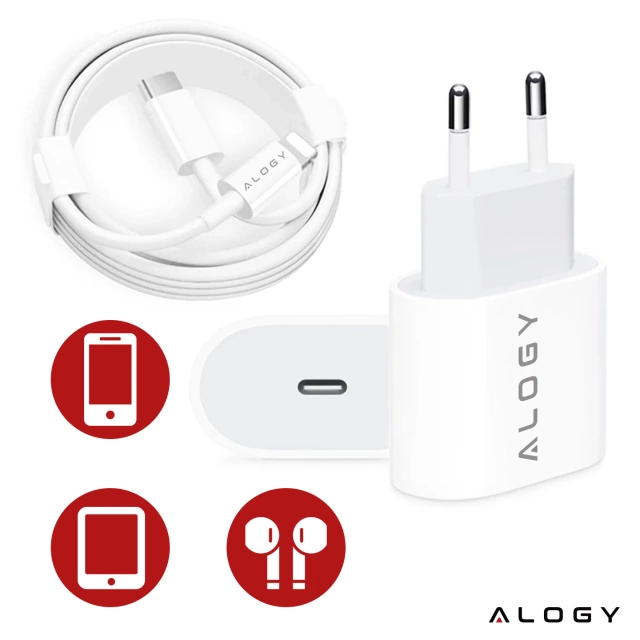Alogy Ładowarka sieciowa szybka USB-C PD 20W + Kabel Lightning do iPhone 1m Biały