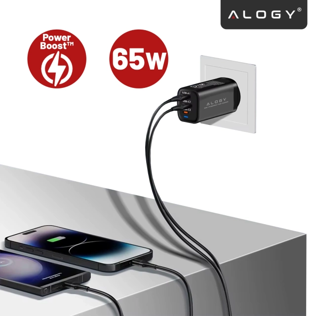 Ładowarka Sieciowa 3w1 z Technologią GaN3 65W, Szybkie Ładowanie PD i QC, Porty 2x USB-C 65W + USB-A 30W, Kompaktowa i Wydajna, Alogy GaNCharge Compact™ – Czarna