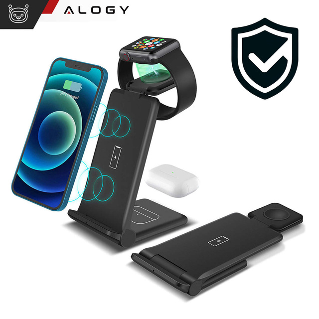 Ładowarka indukcyjna do iPHONE, APPLE WATCH, AIRPODS Alogy 3w1 QI stacja ładowania stojak 15W