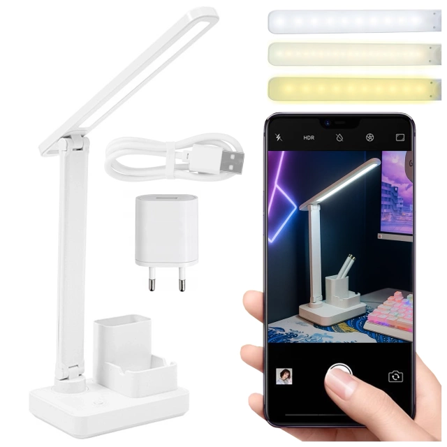Lampka biurkowa nocna LED – akumulator 2400 mAh, organizer na długopisy i telefon, regulowane światło, idealna na biurko i do nauki – Alogy Light&Organize™ Biała