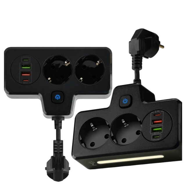 Rozgałęźnik gniazdka Alogy Plug Extender rozdzielacz adapter przedłużacz 2x wtyczka EU + 2x USB + 2x USB-C Czarny