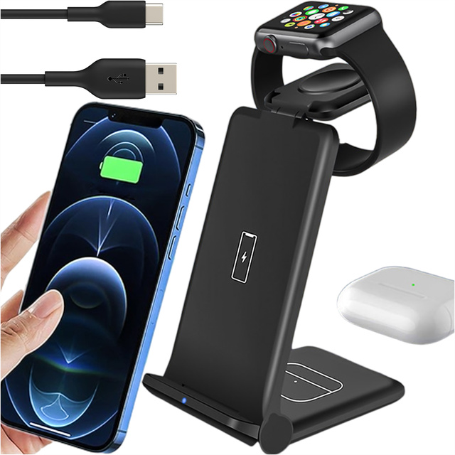 Ładowarka indukcyjna do iPHONE, APPLE WATCH, AIRPODS Alogy 3w1 QI stacja ładowania stojak 15W