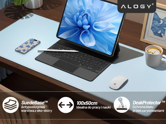 Podkładka na biurko 100×50 cm – antypoślizgowa mata ochronna z eleganckiej ekoskóry PU, pod mysz i klawiaturę, stylowa i trwała – Alogy WorkMat™ Niebieska