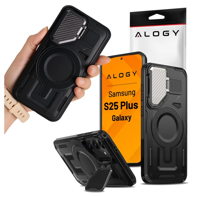 Etui do Samsung Galaxy S25 Plus Case do MagSafe Wzmocniona Pancerna ochrona obiektywów z funkcją podstawki obudowa ochronna na telefon Alogy HeavyDuty Mag™️Czarne