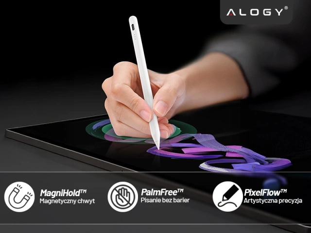 Rysik do Apple iPad Alogy Pencil z funkcją Palm Rejection Pressure Sensing Tilt Magnetyczny USB-C + 3 zapasowe końcówki Biały