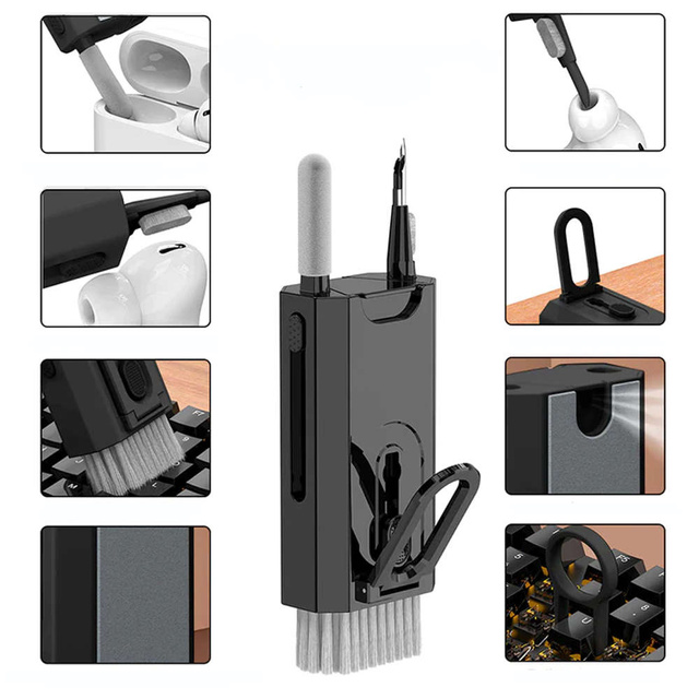 Alogy Czyścik wielofunkcyjny Zestaw do czyszczenia ekranu klawiatury Cleaner Set 8w1 do telefonów laptopów komputerów Czarny