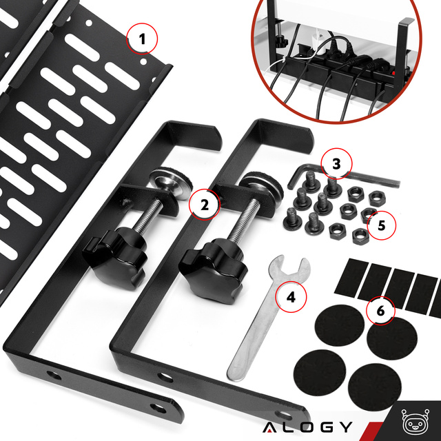 Alogy Organizer kabli pod blat półka regulowana na kable listwe biurkowy aluminiowy uchwyt Czarny 