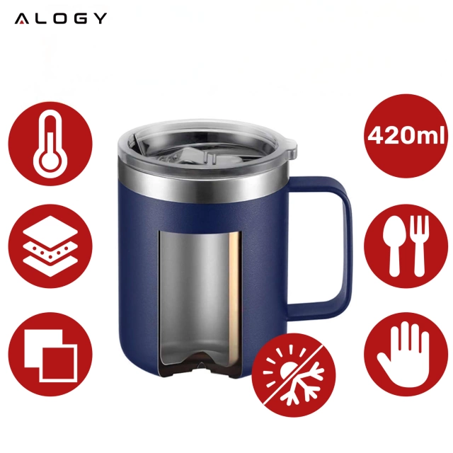 Alogy Kubek termiczny z uchwytem Thermal Mug otwierana pokrywka stalowy zimno i ciepło granatowy