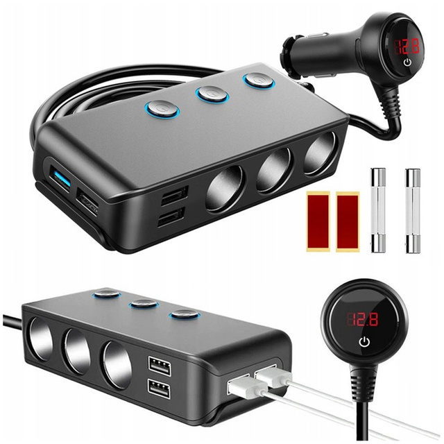  Alogy Adapter Rozdzielacz gniazda zapalniczki przełącznik 120W 3x Gniazdo zapalniczki + 4x USB QC Czarny