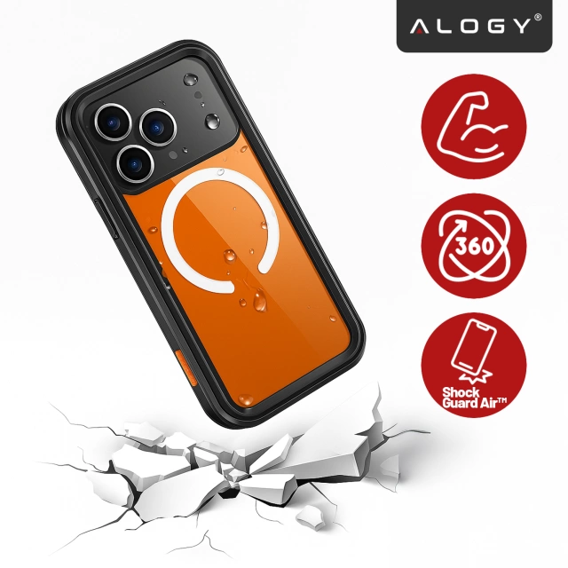Etui Wodoodporne do Apple iPhone 17 Pro 6,3", Pancerna Obudowa 360° z Przezroczystym Tyłem, Kompatybilna z MagSafe, Alogy HydroArmor™ IP68 Case – Czarne