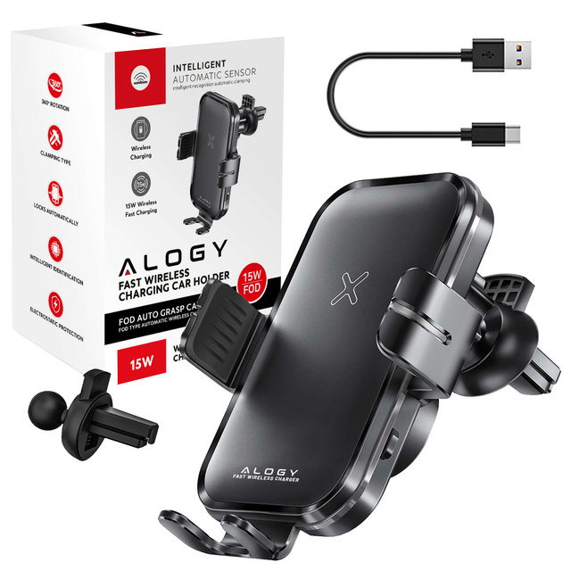Alogy Uchwyt samochodowy Fast Wireless Charging Car Holder z Ładowarką Qi indukcyjną 15W do auta na kratkę