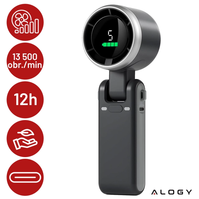 Wiatrak Mini wentylator Cyrkulator powietrza Alogy SmartFan™ Neck wiatraczek ręczny biurkowy z paskiem na szyję wyświetlacz LED 3600mAh Czarny