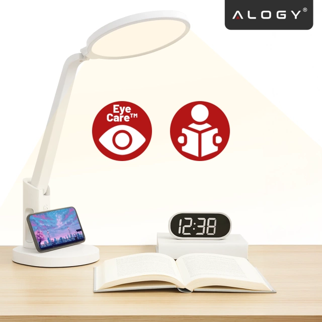 Lampka biurkowa nocna LED – akumulator 6000 mAh, regulacja światła i trybów, miejsce na telefon, stabilna, idealna do nauki i pracy – Alogy MultiStand™ Biała