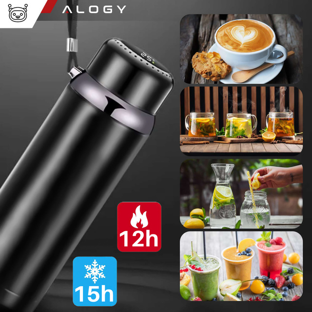 Alogy Termos butelka bidon termiczny wyświetlacz LED 800ml z sitkiem smyczką Czarny