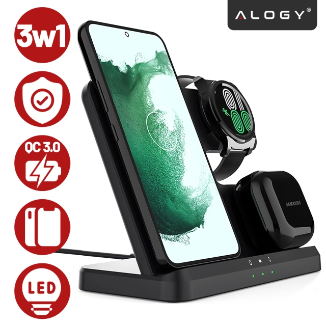 Ładowarka Bezprzewodowa Indukcyjna 3w1 Qi 3.0 Szybka do Samsung Galaxy 22 23 24 Ultra Watch Buds 