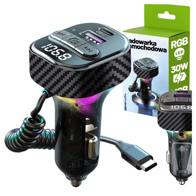 Transmiter FM Bluetooth 5.3 z Ładowarką Samochodową PD 30W QC3.0, Kabel Sprężynowy USB-C, Obsługa Pendrive, Podświetlenie LED 7 Barw – Alogy CarTune™ Czarny